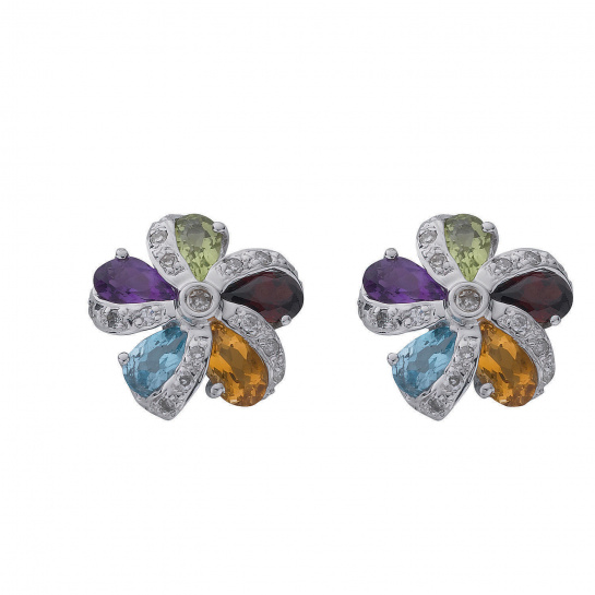 9ct White Gold 0.12ct Diamond & Multi Colour Gemstone Flower/Cluster Earrings